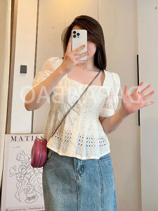 Plus Size Chubby Slimming Elegant Short Top Womens Summer Short Sleeve Shirt Easiest for Match Fancy Cut Out Embroidered High Waist Small Shirt