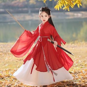 Red Hanfu Dress Girls Childrens Spring Autumn Wei Jin Ancient Costume Large Sleeve Collar Fairy Style Polyester Fiber Dress