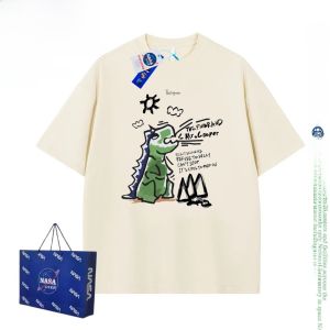 Loose Cotton T-Shirt with Dinosaur Print Half Sleeve Five Inches Korean Style round Neck Summer New Fashion for Men And Women