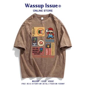Wassup Issue Heavyweight Washed Short Sleeve Mens T-shirt Loose Fit Summer Casual Top Five Half Sleeve Cartoon Print Tee