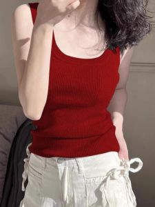 Áo Ba Lỗ Không Tay Cổ Chữ U Màu Đỏ Phong Cách Mỹ Cổ Điển Dành Cho Nữ Mùa Hè Áo Khoác Ngoài Vai Rộng Áo Lót Bên Trong