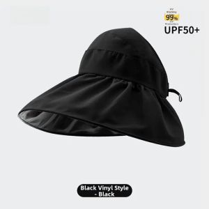 Black Vinyl Sun Protection Hat Womens Summer Anti-Uv Thin Wide Brim Can Tie Tail Sunfisherman Cap Casual High Top Foldable