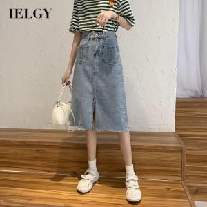 IELGY กระโปรงยีนส์สไตล์เกาหลีผู้หญิงกระโปรงทรงเอไลน์เอวสูง