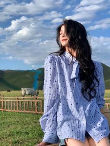 French Royal Style Fancy Lace-up Bows Polka Dot Blue Shirt Womens Autumn New Inner Wear Bandage Dress Shirt