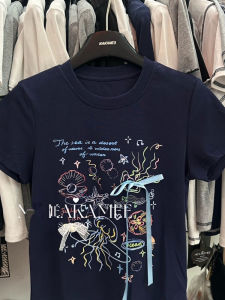 Áo Thun Tay Ngắn Họa Tiết Bướm Phong Cách Hàn Quốc Cổ Tròn Thường Ngày Mùa Hè Màu Xanh Lam Tay Áo Áo Thun Nữ