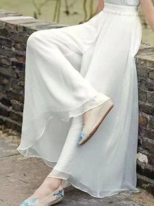 Elegant White Double-Layer Chiffon Wide-Leg Pants: Versatile High-Waist Yoga Leggings for Women
