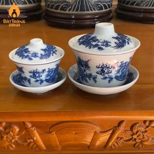 Bát Sâm (chén Sâm chén Khải) thờ Bát Tràng Bát Trà Sâm men lam men trắng