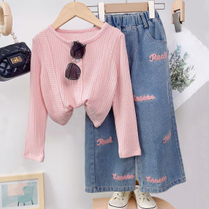 Bear Leader Baby Girls Clothing Set 2023 New Spring Autumn Korean Version Round Neck Waistband Top+letter Jeans Two Piece Set