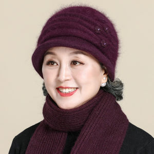 SHIPAILUO | หมวกไหมพรมผู้หญิงวัยกลางคนและผู้สูงอายุ สีแดง หมวกคลุมศีรษะแบบปกป้องความอบอุ่นในฤดูใบไม้ร่วงและฤดูหนาว หมวกไหมพรมสำหรับคุณแม่