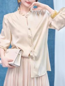 Champagne Color Long Sleeve Silk Shirt Womens Fashion New Chinese Style National Trend Wooden Edge Ear High-End Feeling True Silk Top