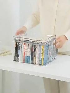 ABBY100 Transparent Book Storage Bag with Zipper & Handles – Stackable PVC Organizer Case Collapsible Dustproof Container Pouch for Books Toys Clothes Plush Dolls Crafts – Waterproof Durable & Easy to Carry