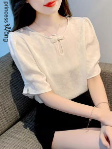 WANGGONGZHU | New Chinese Style Button Shirt Women Summer 2025 Hollow Out Design Pearl Button Fashionable Top Princess Cut Straight Tube