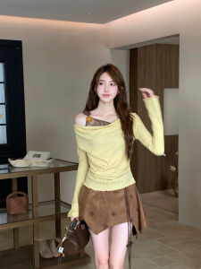 Áo Thun Tay Dài Hở Vai Ren Phong Cách Hàn Quốc Cho Nữ Mùa Thu Áo Ngắn Ôm Vừa Vặn Dáng Ôm Giảm Béo Phong Cách Ngọt Ngào Cay Nồng