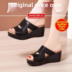 Womens Leather Platform Sandals mid Heel Thick Bottom Waterproof Summer Slippers Simple Style Ultra Leather Inner Lining