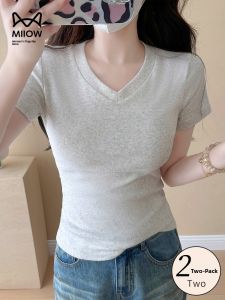 miiow | Slim Fit Pure Cotton V-Neck Short Sleeve T-Shirt Women Summer New Style Cat Person Tight Waistband Hot Girl Body Shape Highlighting Top