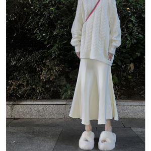 BINKAFENNY | French Knitted High Waist Slimming Fish Tail Long Skirt Womens Autumn Winter New Style White Half-length Midi Skirt