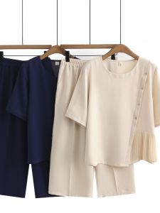 ฤดูร้อน แฟชั่น ลำลอง ชุดสุภาพสตรีคอกลม Slant Buckle Gored Patchwork เสื้อยืดขากว้าง กางเกง พลัสไซส์ สองชิ้น ชุดสูท