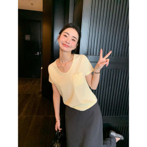 Pusumede First Class T-Shirt Grey Short Sleeve Knitted Loose Shoulder V-Neck Summer Casual Womens Cotton Polyester Top