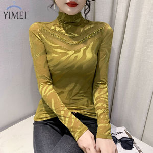 Yimei cổ áo cao Áo lưới hình học Mùa Thu/Mùa Đông với áo thun công nghiệp nặng Phương Tây đính hạt cho phụ nữ mỏng