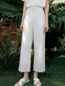 High Waist Tie Embroidered Lace Wide Leg Trousers