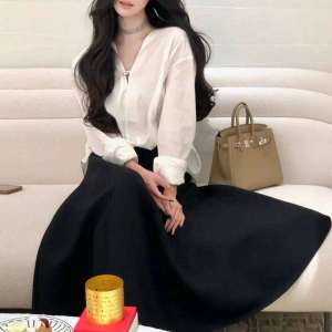 Loose Long Sleeve V-Neck White Shirt Commute Set with Half Skirt Elegant Feel Fashionable Womens Ensemble Chinese Production