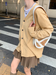 คอวี ผ้าขนสัตว์ถัก เสื้อสเวตเตอร์ เปิด คาร์ดิเกน หลวม แขนยาวความรู้สึกระดับไฮเอนด์สไตล์ขี้เกียจ ผู้หญิง ฤดูใบไม้ร่วง ฤดูหนาว อ่อนโยน เสื้อท่อนบน