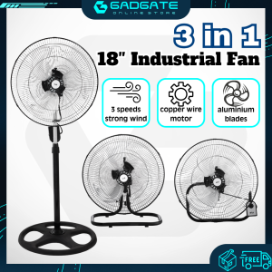 Gadgate 18 Inch 3 In 1 Industrial Fan Heavy Duty Aluminium Blades Low Noise Powerful Copper Motor Strong Wind Floor Fan Wall Fan Stand Fan Kipas Kilang 工业扇
