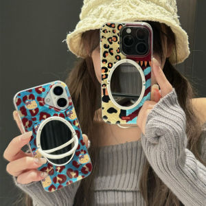 American Leopard Splicing Color Iphone15/16Promax Mirror Phone Case Retro Apple 13/14 Blue Hello Kitty Cute Protective Cover Feather Yarn Suitable for 11/12 Bows Hello Kitty