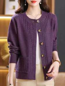 ขนสัตว์ถักสั้น เสื้อสเวตเตอร์ ผู้หญิง ฤดูใบไม้ผลิ ฤดูใบไม้ร่วง หลวม เสื้อแจ๊กเก็ตสุภาพสตรีคอกลมพอดี คาร์ดิเกน ทันสมัย ปุ่ม กระเป๋าเสื้อ รายละเอียด