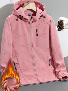 Womens Outdoor Fleece Lined Thickened Windproof Waterproof Jacket Spring Autumn Winter Casual Loose Fit Polyester Fiber