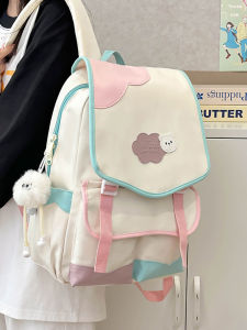 High School Girls Campus Backpack Contrast Color Double Shoulder Bag Nylon Material Zipper Closure Floral Pattern Youth Bag
