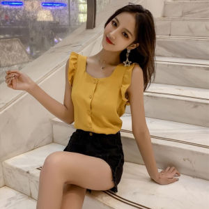 Sweet Buttonless Sleeveless Vest Shirt Womens Fashion Summer New Korean Style Wood Grain Edge Chiffon Top for Young Women