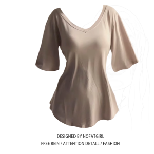 plus Size Womens V-Neck Short Sleeve T-Shirt Waist-Cinching Lazy Style Korean Summer Casual Versatile Design Sensation Top