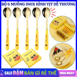 Hộp 6 Muỗng Inox Hình Vịt Happy Duck Dễ Thương - Thìa Ăn Tráng Miệng Muỗng Ăn Cơm Ăn Súp Sáng Bóng Cao Cấp - Thìa Inox Cán Vàng Dễ Thương Dùng Ăn Tráng Miệng - Thìa Ăn Salad