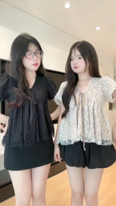 Áo Babydoll Cổ Tim Thắt Nơ Phối Ren Tay Bồng Tiểu Thư Siêu Xinh MS154