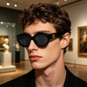Womens Vintage Oval SunglassesClassic Black Cat Eye Shades with Gold Logo Lightweight PC FrameFashion Eyewear for Streetwear
