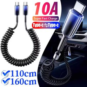10A USB Type C Fast Charging Cable Spring Telescopic Car Charger Cord For iPhone 17 16 15 Pro Max Xiaomi Huawei USB C Cables