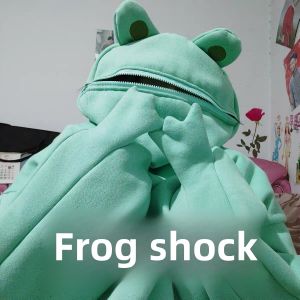 Cartoon Frog Head Fleece-lined Thickened Hooded Sweatshirt Female Male Fall and Winter Sand Carving Student Class Clothes Fried Street Tops Couple Tide