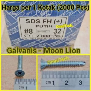 Sekrup Roofing Baja Ringan SDS FH Flat Head Kepala Rata Obeng + 8 x 32 mm 8x32 Moon Lion 3cm Putih