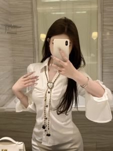 GUZILIAN | Elegant Satin Polo Collar Shirt Womens Slim Fit Long Sleeve Chain Design Korean Style Commute Pure Desire Fashion Top