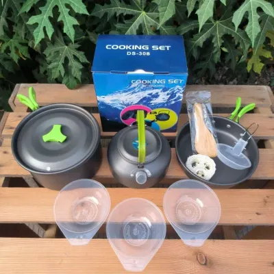 Cooking Set Camping TZ-308 DS-308 Nesting Plus Teko 0.8L Panci Alat Masak Outdoor Aluminium Anti Lengket 3-4 Orang