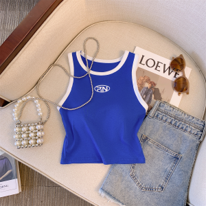 เสื้อกั๊กสีฟ้าเสื้อเชิ้ตผ้าฝ้ายแขนกุดสําหรับผู้หญิงจับคู่ง่ายสลิมฟิตสไตล์อเมริกันย้อนยุคเหมาะสําหรับฤดูร้อน