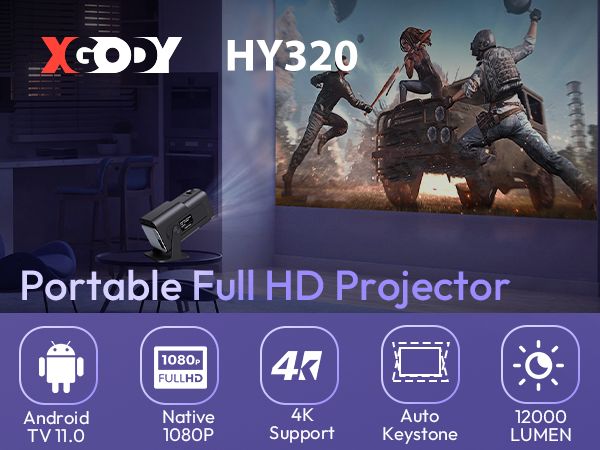 Local Delivery XGODY HY320 (Gimbal 5) Smart Portable Projector Native 1080P 10000 Lumen with Eshare Support Screen Mirroring 180° Rotation Automatic Keystone Home Theater