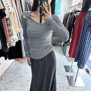 Áo Thun Nữ Dáng Ôm Dài Tay Cổ Chéo Khoét Rỗng Thời Trang Thu Đông Cổ Điển Chất Liệu Polyester Thường Ngày