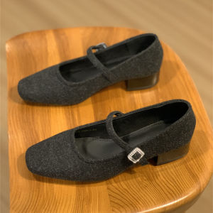 French Style Square Head Thick Heel Single Shoes Womens New 2025 Autumn Woolen Mary Janes Low Cut Shoes Fashionable Sweet
