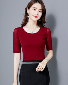 Spring T-Shirt Womens round Neck Base Shirt Inner Wear Sleeve Thin Elastic Net Tight Fit Thin Style Small Shirt Commute Style