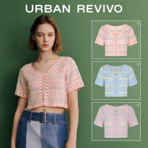 URBAN REVIVO Womens Fashion Button Up Cardigan Short Sleeve Cropped Short Knit Cardigan Open Front Pink Outerwear Sweaters