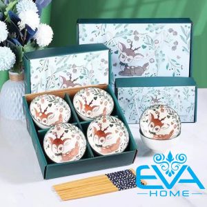 Bộ 6 Chén Sứ Hoạ Tiết Chú Nai Sừng Tấm Đáng Yêu Phong Cách Nhật Tặng Kèm 6 Đôi Đũa Tre Cao Cấp