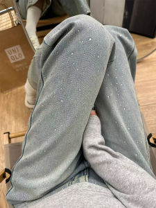 QIANCHANGNAAI | Light Blue Bejeweled Straight Leg Denim Pants Loose Fit