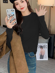 เสื้อยืดคอกลมแขนยาวผู้หญิงสีดำ ผ้าฝ้ายแท้ ทรงเข้ารูป เสื้อชั้นในสีพื้น เสื้อเชิ้ตทรงเข้ารูปสำหรับฤดูใบไม้ร่วงและฤดูหนาว